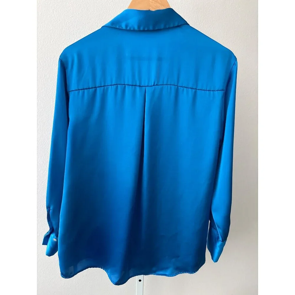 Zara Button Down Blouse Size XSmall Cobalt Blue Satin Corporate Core Polished - Picture 4 of 16